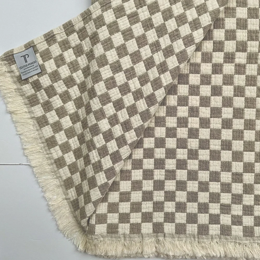 🎁Texteis Penedo Throw Blanket - Mini Check Throw - Taupe & Oatmeal Cotton Check